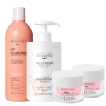Image de quatre produits de soin Byphasse dans un emballage blanc et rose : une lotion corporelle éclaircissante, un lait corporel nourrissant et deux pots de crème visage. Tous les produits sont étiquetés avec la marque et une brève description du produit. Dakar