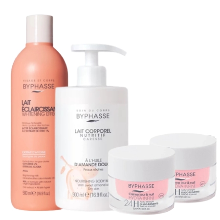 Image de quatre produits de soin Byphasse dans un emballage blanc et rose : une lotion corporelle éclaircissante, un lait corporel nourrissant et deux pots de crème visage. Tous les produits sont étiquetés avec la marque et une brève description du produit. Dakar