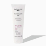 Tube blanc de gel anti-cellulite Byphasse à l'extrait de pépins de raisin. L'étiquette indique « Activ Slim 5 % » et mentionne les antioxydants. Le tube de 250 ml (8,45 fl oz) se détache sur un fond clair et uni. Dakar