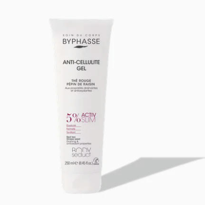Tube blanc de gel anti-cellulite Byphasse à l'extrait de pépins de raisin. L'étiquette indique « Activ Slim 5 % » et mentionne les antioxydants. Le tube de 250 ml (8,45 fl oz) se détache sur un fond clair et uni. Dakar