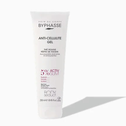 Tube blanc de gel anti-cellulite Byphasse à l'extrait de pépins de raisin. L'étiquette indique « Activ Slim 5 % » et mentionne les antioxydants. Le tube de 250 ml (8,45 fl oz) se détache sur un fond clair et uni. Dakar