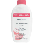Un flacon blanc et rose de gel douche Byphasse, format 600 ml. Il contient de l'huile d'argan bio du Maroc et est disponible dans un nouveau format 500 ml + 100 ml. Le texte est en français et en anglais, indiquant le pH neutre. Dakar