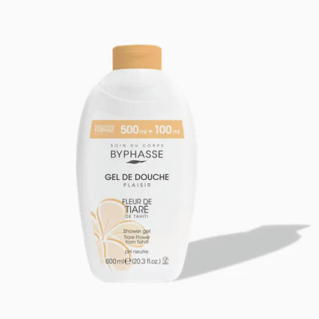 Un flacon de gel douche Byphasse, étiqueté « Gel de Douche Plaisir » et orné de « Fleur de Tiaré de Tahiti ». L'emballage est blanc avec des inscriptions dorées et noires, et contient 600 ml. Dakar