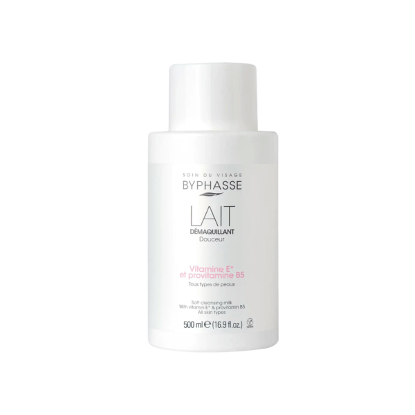 Flacon blanc de Byphasse Lait Démaquillant Douceur, un lait nettoyant doux, avec texte en français mettant en valeur la vitamine E et la provitamine B5. Contenance : 500 ml. Dakar