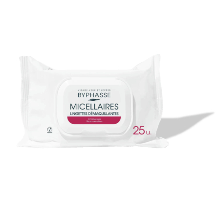 Un paquet blanc de lingettes démaquillantes micellaires Byphasse. L'étiquette présente un texte en français mettant en avant l'aloe vera, adapté au visage, aux yeux et aux lèvres. Le paquet contient 25 lingettes. Dakar