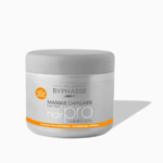 Pot de masque capillaire Byphasse Hair Pro Nutritiv Riche avec couvercle gris et texte orange sur fond blanc. Le contenant est étiqueté comme une formule professionnelle et comporte un texte détaillé sur le produit. Dakar