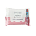Emballage de lingettes intimes BYPHASSE au design rose et blanc, avec texte en français. L'emballage met en valeur les ingrédients et porte le numéro 20, indiquant le nombre de lingettes qu'il contient. Dakar