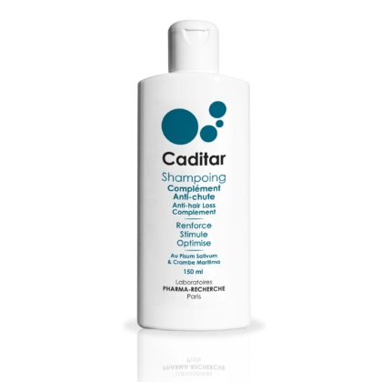 Un flacon blanc de 150 ml étiqueté CaditarShampoing Complément Anti-chute présente des cercles bleus et un texte français soulignant les bienfaits du renforcement et de la stimulation. Dakar