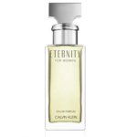 Un flacon d'eau de parfum Calvin Klein Eternity pour femme. Ce flacon rectangulaire en verre contient un liquide jaune pâle et est doté d'un bouchon argenté. Le nom de la marque et du produit est imprimé en noir sur le devant. Dakar
