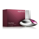 Coffret de parfums Calvin Klein « Euphoria », composé d'un coffret rectangulaire violet et d'un élégant flacon rose argenté et translucide. Le flacon au design futuriste arbore l'inscription « Euphoria Calvin Klein ». Dakar
