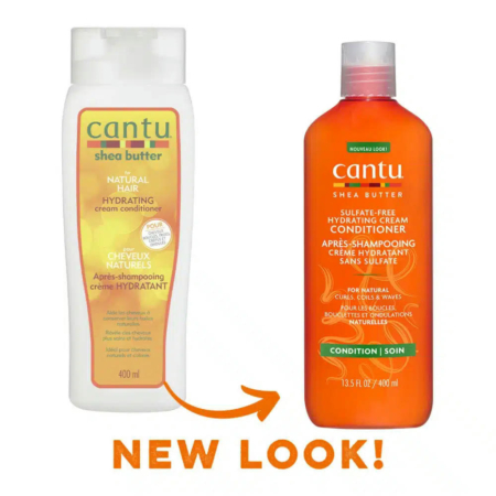 Image montrant l'après-shampoing crème hydratante au beurre de karité Cantu en deux formats. À gauche, l'ancien format blanc, à droite, le nouveau format orange. Une flèche et un texte en dessous soulignent le « NOUVEAU LOOK ! ». Dakar