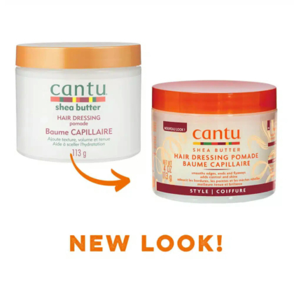 Mise à jour de l'emballage de la pommade coiffante au beurre de karité Cantu. L'ancien contenant est blanc avec un couvercle vert ; le nouveau est orange avec des images de beurre de karité. Le texte « NOUVEAU LOOK ! » est inscrit sous les contenants. Dakar