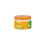 Un pot de crème réparatrice à l'avocat Cantu avec un couvercle orange. L'étiquette met en avant les bienfaits revitalisants et hydratants de la crème, avec des mentions d'olive, d'aloe vera et de beurre de karité. L'emballage est vert avec des touches de jaune et d'orange. Dakar