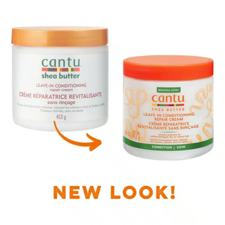 Comparaison de deux soins revitalisants sans rinçage au beurre de karité Cantu. À gauche : ancien emballage avec éléments blancs et orange. À droite : nouvel emballage orange vif avec des touches de vert et de blanc. Le texte en dessous indique « NOUVEAU LOOK ! » avec une flèche orange pointant vers la droite. Dakar