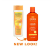 Deux flacons de shampoing crème nettoyante au beurre de karité Cantu. Le flacon de gauche arbore l'ancien modèle, blanc et orange. Le flacon de droite, étiqueté « NOUVEAU LOOK », arbore un orange vif. Les deux sont conçus pour les boucles, les ondulations et les boucles naturelles. Dakar