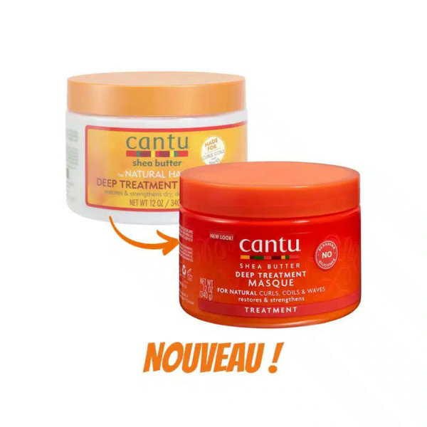 Le masque soin profond au beurre de karité de Cantu fait peau neuve. L'image présente l'ancien et le nouveau packaging, avec l'inscription « Nouveau ! ». Les contenants sont orange et les informations sur le produit sont en blanc. Dakar