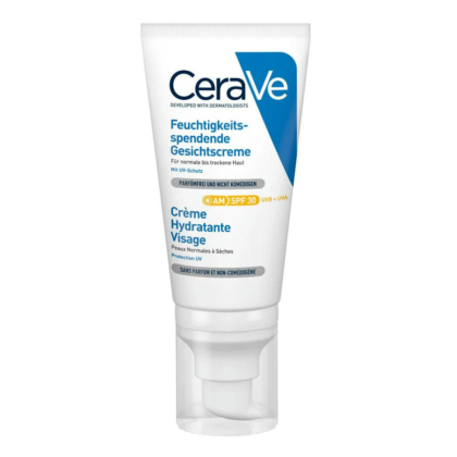 Image d'un tube de crème hydratante visage CeraVe avec pompe. L'emballage est blanc avec des touches de bleu et d'orange, et comporte du texte en plusieurs langues. Conçu pour les peaux normales à sèches, il offre une protection SPF 30. Dakar