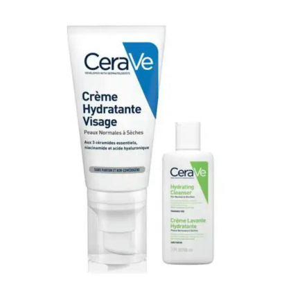 Produits de soin CeraVe : un tube de crème hydratante pour le visage étiqueté en français et un flacon de nettoyant hydratant. Tous deux présentent un fond blanc et des touches de bleu et de vert. Dakar