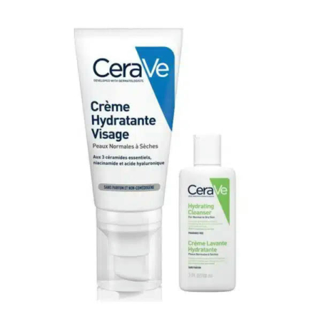 Produits de soin CeraVe : un tube de crème hydratante pour le visage étiqueté en français et un flacon de nettoyant hydratant. Tous deux présentent un fond blanc et des touches de bleu et de vert. Dakar