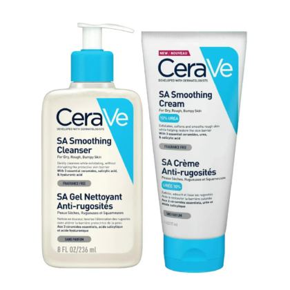 L'image présente les produits CeraVe : un flacon pompe de nettoyant lissant SA et un tube souple de crème lissante SA. Tous deux sont conçus pour les peaux sèches, rugueuses et rugueuses, et offrent des bienfaits comme l'exfoliation et l'hydratation. Dakar