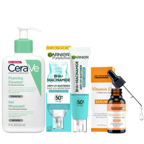Image de produits de soin : nettoyant moussant CeraVe, gel Garnier BHA + niacinamide et sérum à la vitamine C Neutriherbs avec compte-gouttes. Tous les produits sont présentés sur fond blanc. Dakar