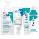 Image de quatre produits de soin CeraVe : le nettoyant anti-imperfections, la lotion hydratante visage avec FPS 30, le gel anti-imperfections et le sérum resurfaçant au rétinol. Tous ces produits sont destinés aux peaux à imperfections ou cicatrisées. Dakar