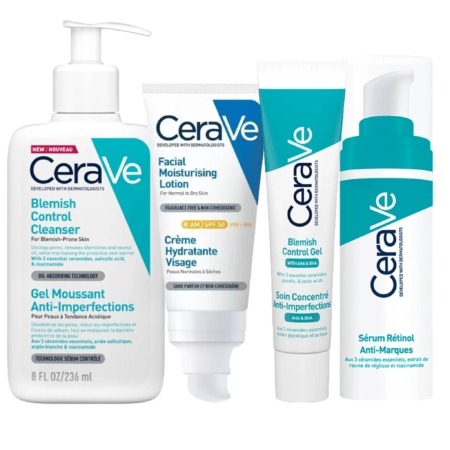 Image de quatre produits de soin CeraVe : le nettoyant anti-imperfections, la lotion hydratante visage avec FPS 30, le gel anti-imperfections et le sérum resurfaçant au rétinol. Tous ces produits sont destinés aux peaux à imperfections ou cicatrisées. Dakar