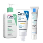 Image de trois produits de soin : un flacon pompe vert de nettoyant moussant CeraVe, un tube de lotion hydratante visage CeraVe avec SPF 50 et un tube de La Roche-Posay Effaclar Duo+, tous disposés côte à côte. Dakar