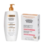 Une bouteille blanche de Lait de Beauté Château Rouge avec bouchon pompe est posée à côté d'une boîte blanche de Savon Exfoliant Château Rouge. Les deux produits sont étiquetés en français avec leurs ingrédients clés et leurs bienfaits. Dakar