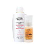 Deux soins Château Rouge : un flacon de 400 ml de Lait de Beauté à la Vitamine C pour hydrater et éclaircir, et un flacon de 30 ml de soin unifiant à l'acide glycolique pour corriger les imperfections. Dakar