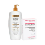 Un flacon blanc de Lait de Beauté Château Rouge avec pompe, enrichi en vitamine C, côtoie une boîte de Savon Dermatologique Château Rouge. Tous deux sont étiquetés pour un soin unifiant des peaux sensibles. Dakar