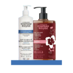 Deux flacons de produits Laboratoire Château Rouge : un flacon blanc de Lait de Beauté Ultra Hydratant avec pompe, et un flacon rouge de Gel Nettoyant Extra Riche Unifiant Monoï avec pompe, orné de graphismes floraux. Dakar