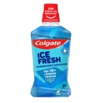 Un flacon de bain de bouche Colgate Bain de Bouche Ice Fresh bleu de 500 ml avec un bouchon rouge, étiqueté en allemand « 24h Schutz vor Bakterien », « 10x längere Frische » et « vegan ». Le design arbore des graphismes bleu glacier. Dakar