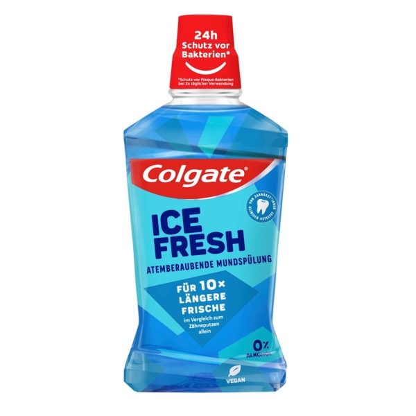 Un flacon de bain de bouche Colgate Bain de Bouche Ice Fresh bleu de 500 ml avec un bouchon rouge, étiqueté en allemand « 24h Schutz vor Bakterien », « 10x längere Frische » et « vegan ». Le design arbore des graphismes bleu glacier. Dakar