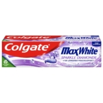 Le dentifrice Colgate Dentifrice Blanchissant MaxWhite Sparkle Diamonds arbore un texte à la menthe verte et un logo de recyclage. Son emballage, aux couleurs dominantes rouge et bleu, est orné de diamants et de motifs fraîcheur. Dakar