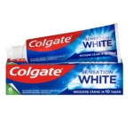 Tube de 75 ml de dentifrice Colgate Dentifrice Blanchissant Sensation White avec Cristaux, orné d'un design rouge et blanc avec l'inscription « Weissere Zähne in 10 Tagen » sur l'emballage. La boîte et le tube arborent un symbole de recyclage vert. Dakar