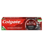Boîte de dentifrice Colgate Dentifrice Max White au Charbon Actif 75 ml. L'emballage rouge, noir et blanc arbore un logo vegan vert, en allemand, soulignant son efficacité à éliminer les taches superficielles et son nettoyage en douceur. Dakar