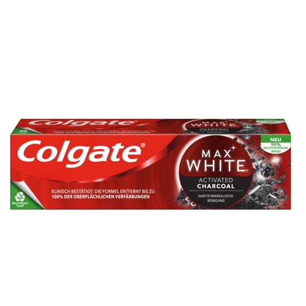 Boîte de dentifrice Colgate Dentifrice Max White au Charbon Actif 75 ml. L'emballage rouge, noir et blanc arbore un logo vegan vert, en allemand, soulignant son efficacité à éliminer les taches superficielles et son nettoyage en douceur. Dakar