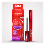 Le Colgate Sérum Blanchissant pour les Dents de Nuit 2,5 ml est présenté dans une boîte rouge éclatante avec du texte et un contour de dent blanc, dotée d'un applicateur et d'un capuchon rouges pour un blanchiment efficace des dents. Dakar