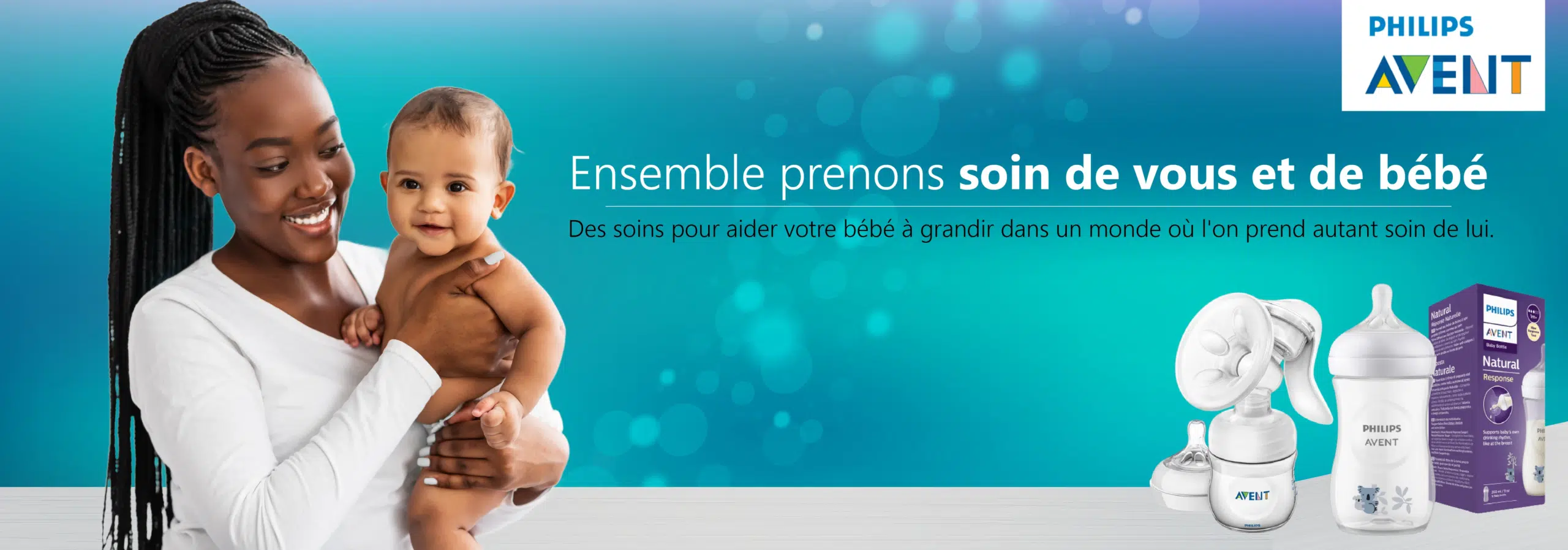 Une femme souriante tient un bébé sur fond bleu. À côté d'elles se trouvent des produits pour bébé Philips Avent, dont un tire-lait et un biberon. Un texte en français encourage les mères à prendre soin de leurs bébés ensemble. Dakar