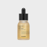 Un petit flacon d'ampoule légère à la propolis COSRX avec un bouchon compte-gouttes noir. Le flacon transparent contient un liquide jaune clair. L'étiquette mentionne des ingrédients comme l'extrait de propolis et souligne sa formule légère. Dakar