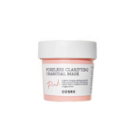 Petit pot de masque au charbon clarifiant Poreless de COSRX, avec couvercle blanc et étiquette rose clair. L'étiquette présente la marque et les informations produit en noir. Le pot est isolé sur fond blanc. Dakar