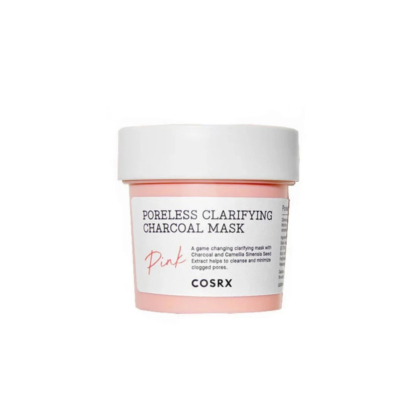 Petit pot de masque au charbon clarifiant Poreless de COSRX, avec couvercle blanc et étiquette rose clair. L'étiquette présente la marque et les informations produit en noir. Le pot est isolé sur fond blanc. Dakar