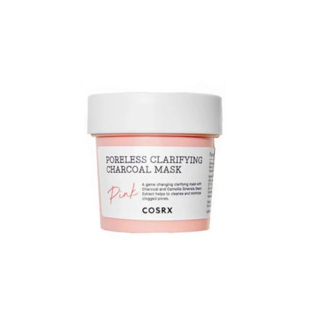 Petit pot de masque au charbon clarifiant Poreless de COSRX, avec couvercle blanc et étiquette rose clair. L'étiquette présente la marque et les informations produit en noir. Le pot est isolé sur fond blanc. Dakar