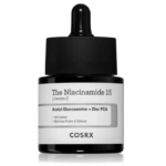 Un flacon de sérum COSRX Niacinamide 15 avec un bouchon compte-gouttes. L'étiquette mentionne « Acétyl Glucosamine + Zinc PCA » pour contrôler le sébum et minimiser les pores et le sébum. Le flacon est noir et blanc. Dakar