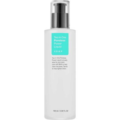 Image d'un flacon blanc avec une pompe noire. L'étiquette indique « Two in One Poreless Power Liquid, COSRX ». Contient 100 ml. Conçu pour les soins de la peau, il promet un soin des pores et un contrôle du sébum. Dakar