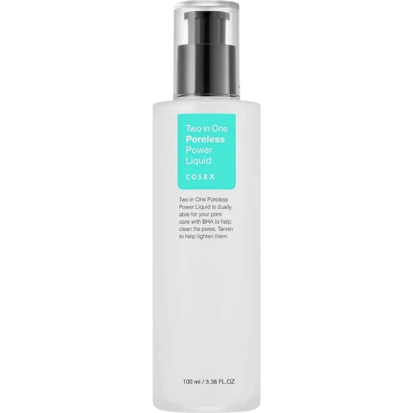 Image d'un flacon blanc avec une pompe noire. L'étiquette indique « Two in One Poreless Power Liquid, COSRX ». Contient 100 ml. Conçu pour les soins de la peau, il promet un soin des pores et un contrôle du sébum. Dakar