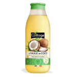 Un flacon jaune d'huile de douche Cottage à l'huile de coco pour un soin intensif. L'étiquette, ornée de noix de coco et de feuilles vertes, souligne son adéquation aux peaux sèches et sensibles, et met en avant 97 % d'ingrédients d'origine naturelle. Dakar