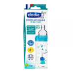 Coffret de biberons anti-coliques Dodie à tétine plate, pour les 0-6 mois, d'une capacité de 270 ml. L'emballage est principalement bleu et blanc, avec du texte en français et des illustrations représentant un lapin et des formes géométriques. Dakar