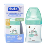 Biberon Dodie, vendu en boîte et non emballé, avec un bouchon bleu sarcelle orné de deux oiseaux et de nuages. Son emballage met en valeur sa fonction anti-colique, adapté aux enfants de 0 à 6 mois, avec un verre sans BPA et une double valve. Capacité : 150 ml. Dakar